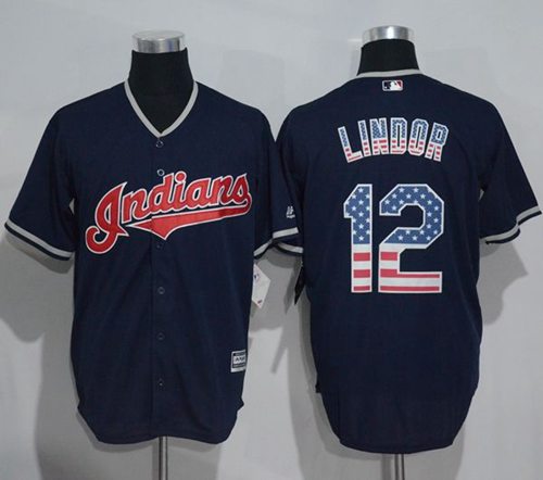 Indians #12 Francisco Lindor Navy Blue USA Flag Fashion Stitched MLB Jersey - Click Image to Close